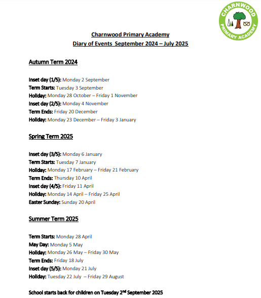 Term Dates 2024 - 2025 - Charnwood Primary Academy
